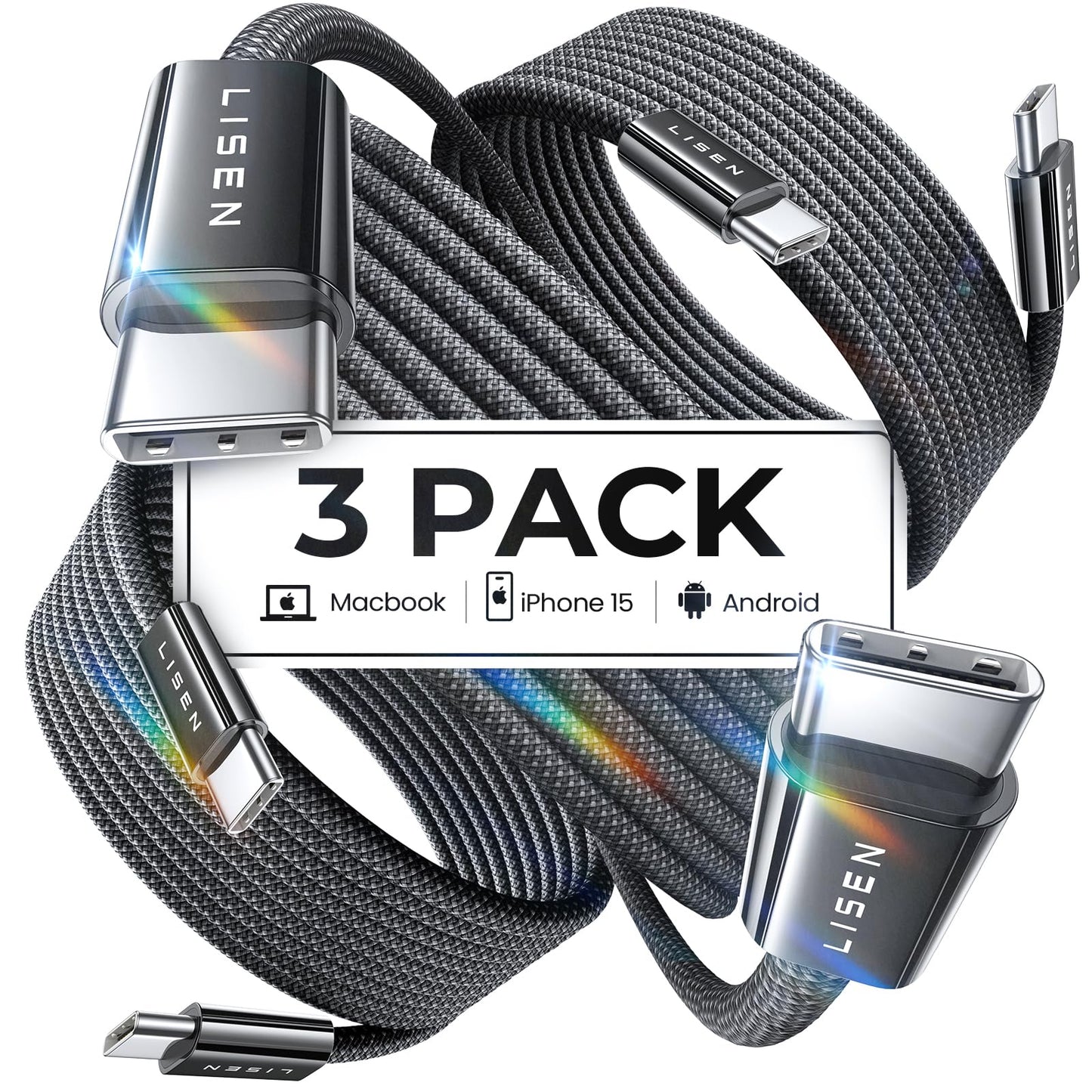 LISEN for iPhone 16 15 USB C to USB C Fast Charging, 60W USB C Cable Type C Fast Charging Cable for iPhone 16 15,Samsung Galaxy S25 Ultra Plus S24 S23 iPad Pro 13 12.9inch, iPad Air 5,White 3Pack 6FT