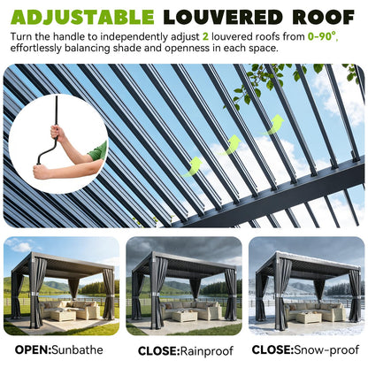 MELLCOM Louvered Pergola 10x12, Outdoor Rustproof Shelter with Adjustable Roof, Steel Aluminum Gazebo with Waterproof Curtains and Netting for Patio Deck, Dark Grey