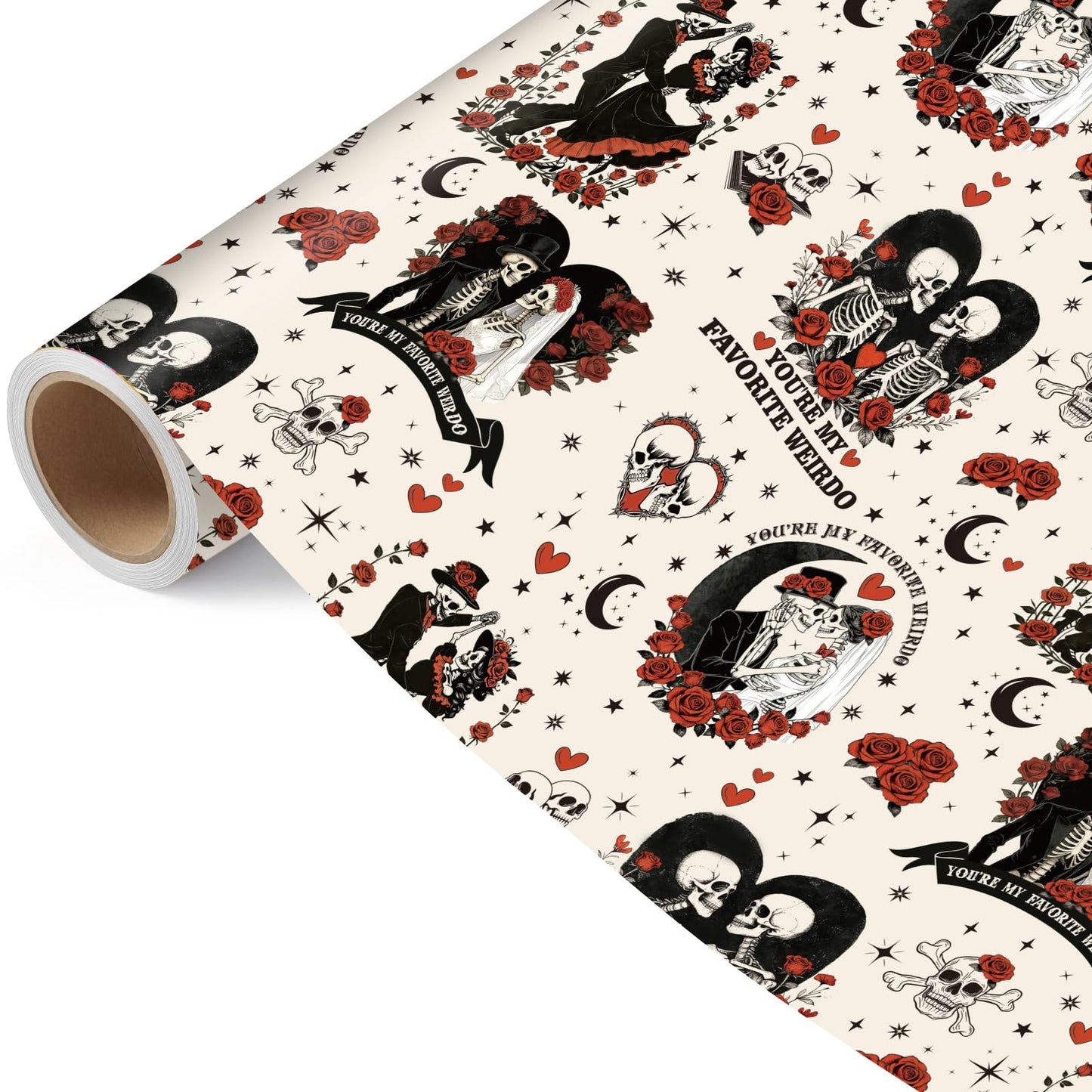 Joviwrap Gothic Anniversary Wrapping Paper Roll, Skull Couple Romantic Wrapping Paper, Black Red Skeleton Rose Present Packaging for Goth Weirdo Lovers Birthday Wedding Halloween, 17 In x 16.4 Ft