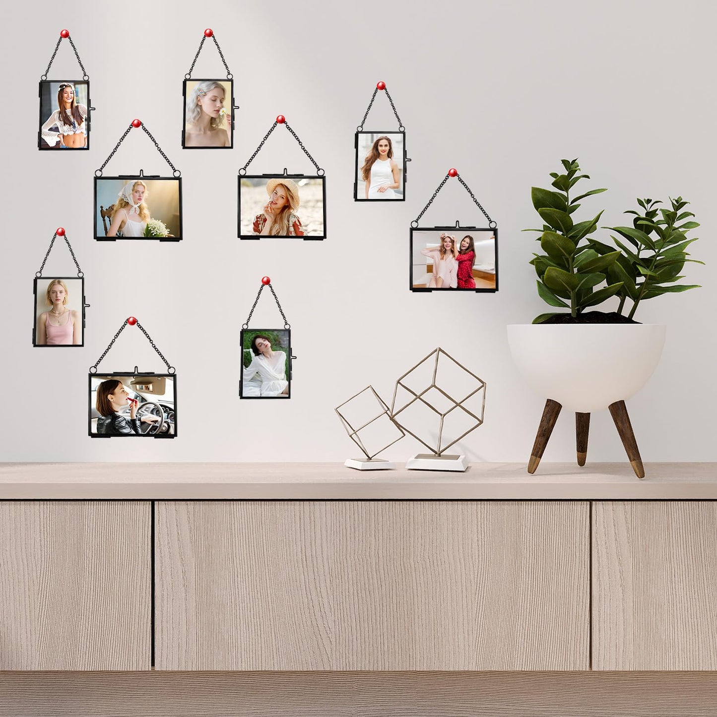 6 Pcs Pressed Flower Frames, Double Glass Hanging Picture Frame With Chain, 3.5 X 2.5 Inches Black Brass Floating Frame for Dried Flowers, Artwork, Photos, DIY Home Wall Art, Horizontal Vertical