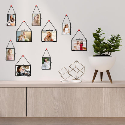 6 Pcs Pressed Flower Frames, Double Glass Hanging Picture Frame With Chain, 3.5 X 2.5 Inches Black Brass Floating Frame for Dried Flowers, Artwork, Photos, DIY Home Wall Art, Horizontal Vertical