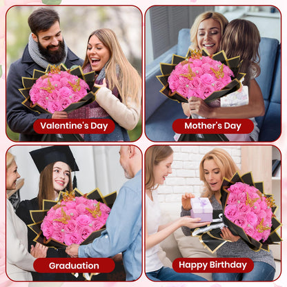 Pink Glitter Roses Bouquet, 24 Pcs Shiny Glitter Flowers Bouquet, Everlasting Artificial Roses Bouquet for Mothers Day, Birthday, Anniversary, Wedding, Engagement, Christmas