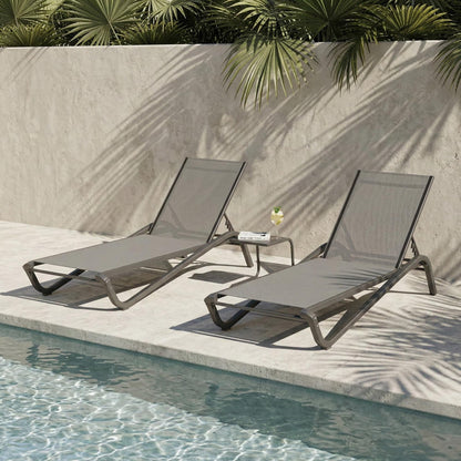 Patio Kingdom 3-Piece Patio Chaise Lounge Set with Side Table, Set of 2 Adjustable Pool Chairs and Aluminum Bistro Table, All-Weather Outdoor Furniture for Pool Deck, Patio & Tanning, Light Grey