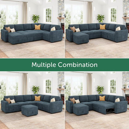 HONBAY Modular Sectional Sleeper Sofa with Pull Out Bed, Corduroy Couch with Storage, U Shaped Sectional Couches for Living Room, Blue