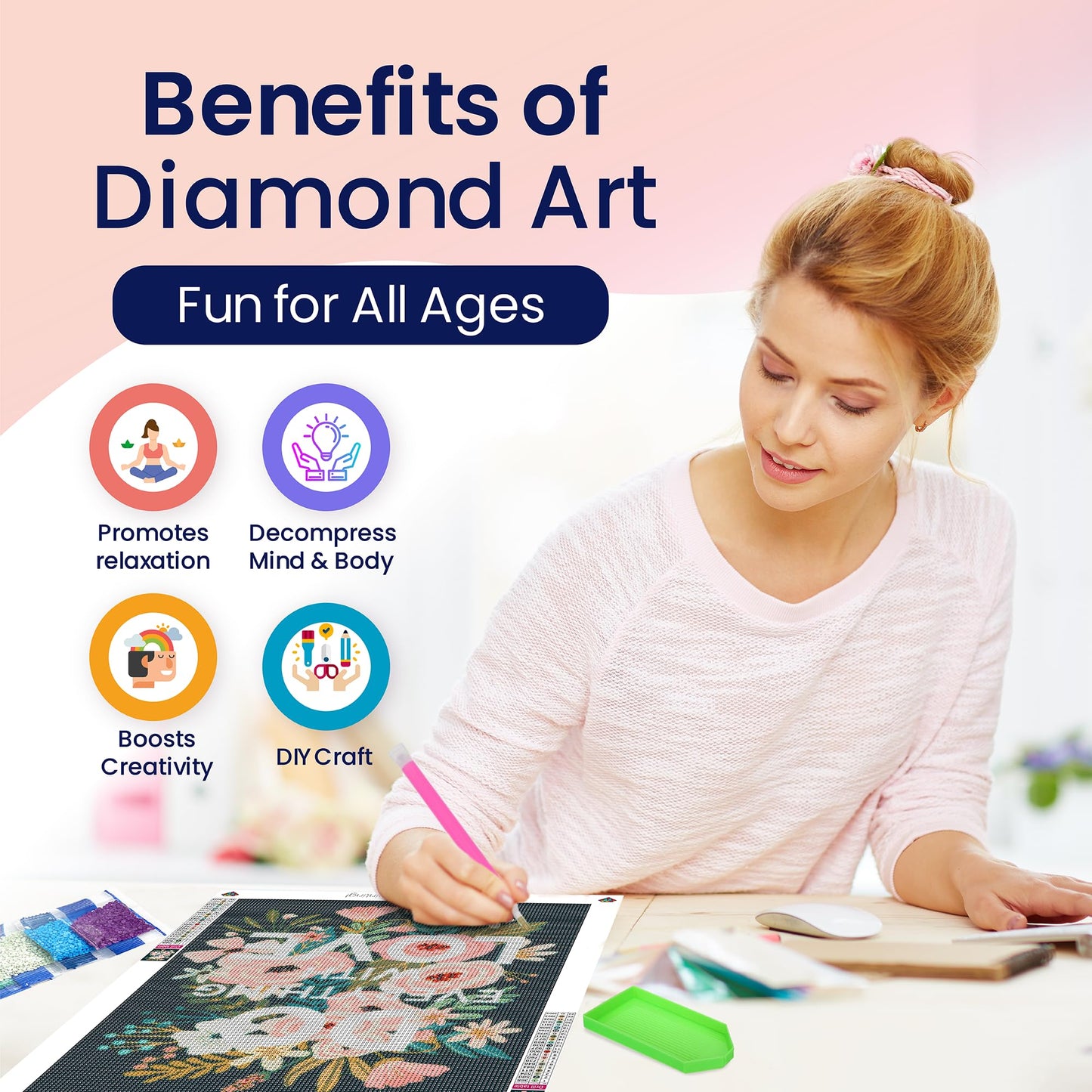 Modern Merch Flowers Diamond Art for Adults Motivational Quote and Sayings 'Do Everything with Love' Inspiring 5D Diamond Painting for Adults, Floral Wall Decor DIY Cross Stitch Round Drill 12x16