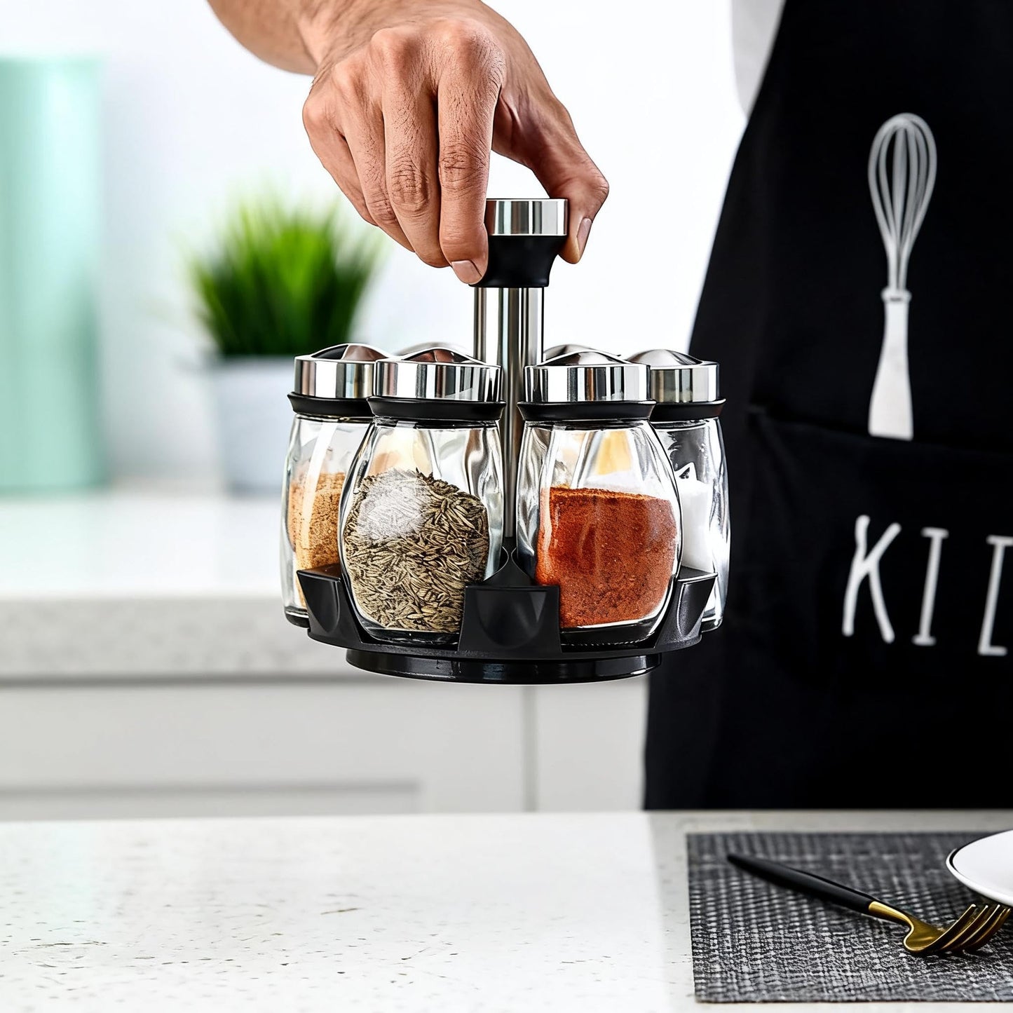 LCshuyao 360° Rotating Spice Rack, 6PC Spinning Glass Spice Jars Suitable for kitchen countertops, spice storage, cooking, outdoor BBQ,(Spices Not Included)