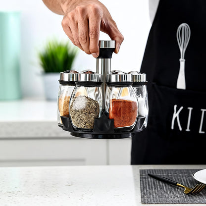 LCshuyao 360° Rotating Spice Rack, 6PC Spinning Glass Spice Jars Suitable for kitchen countertops, spice storage, cooking, outdoor BBQ,(Spices Not Included)