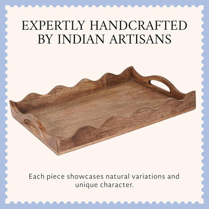 16" 12 2.5 Mela Artisans Ottoman Wooden Serving Tray | Large, Scallop White Burnt | Decorative Mango Wood | Serve