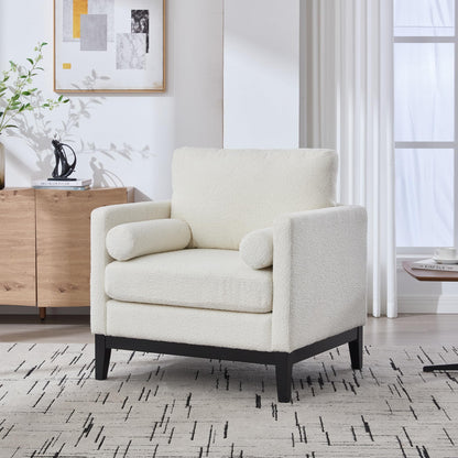 KEIKI 35.4" W Upholstered Accent Chair with 2 Pillows, Farmhouse Boucle Single Sofa with Wood Legs for Living Room & Office, Ivory and Black