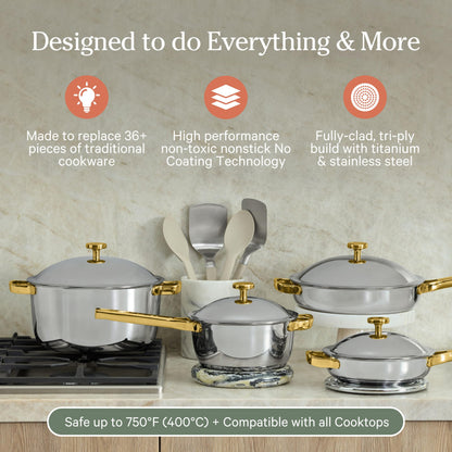 Our Place Titanium Pro Cookware Set | 10-Piece Pots and Pans Set with Always Pan Pro, Perfect Pot Pro & Minis | Non-Toxic No-Coating Nonstick | Induction & Oven-Safe up to 750°F | Gold
