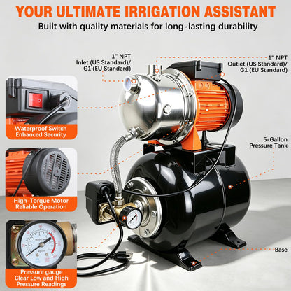 Ioboneed 1 HP Shallow Well Pump with Pressure Tank, 1000 GPH, Automatic Irrigation Water Booster Pump with 130 ft Head Lift 20/40 PSI Pressure Switch 304 Stainless Steel Pump Head for Home Garden Lawn