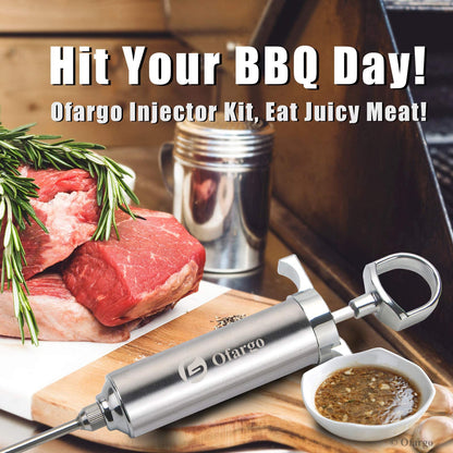 Ofargo Stainless Steel Meat Injector Syringe Kit with 4 Marinade Needles for BBQ Grill Smoker, Mother Day Gifts for Mom Men Dad Husband Him, 2-oz Large Capacity, Both Paper User Manual and E-Book Recipe