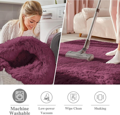 OLANLY Round Burgundy Area Rug - Soft, Machine Washable 7 ft Shaggy Carpet for Bedroom & Living Room Decor