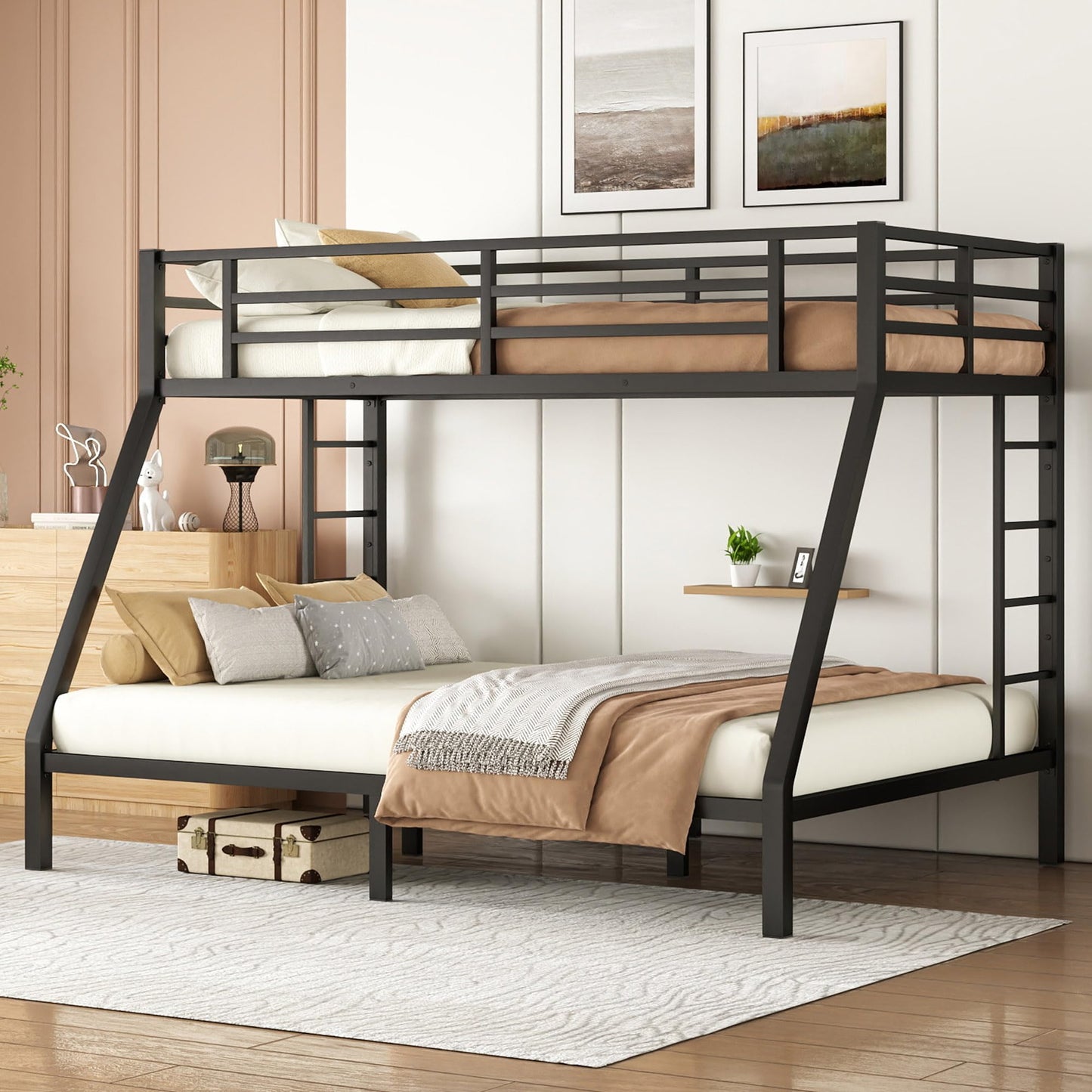 Bellemave Metal Bunk Bed Twin XL Over Queen with Ladder ＆ Full-Length Guardrails, Heavy Duty Bunk Bed Frame with Sturdy Slats, Twin XL Over Queen Bunk Beds, Noise Free, No Box Spring Needed, Black