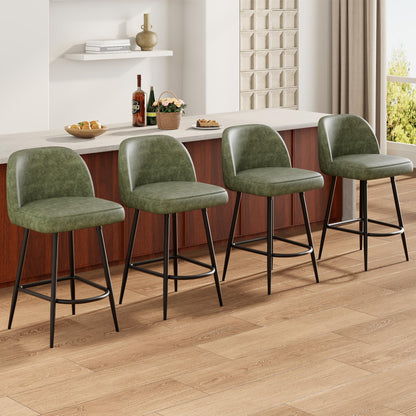 Garvee Bar Stools Set of 4, Leather Upholstered Barstools with Back & Arc Metal Footrest, 26" Modern Kitchen Island Stools with Thickened Metal Legs for Home Bar, Bistro & Dining Area, Green