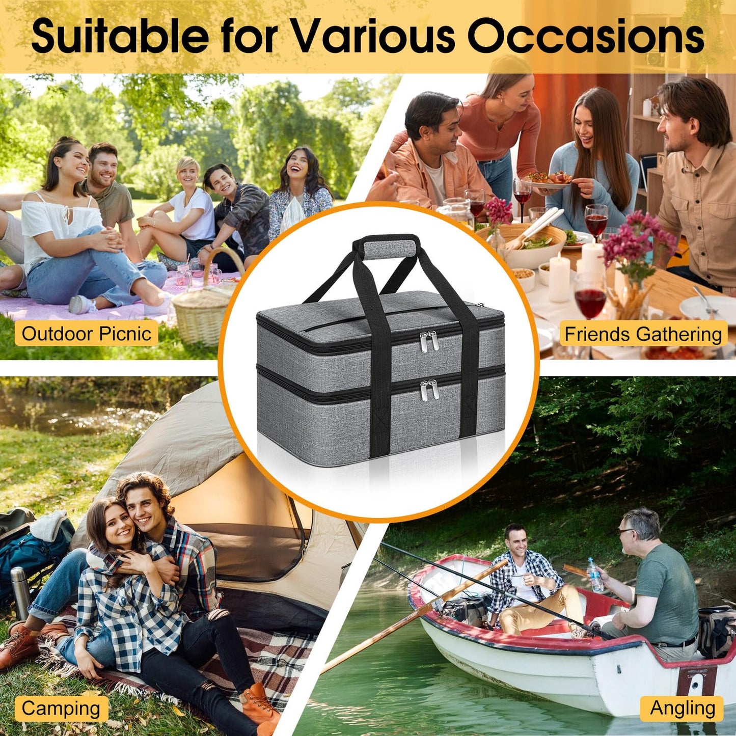 MIAOJIE Double Insulated Casserole Carrier, Portable Casserole Carrier for Hot or Cold Food Lunch Tote Warmer or Cooler Bag, Lasagna Lunch Bag for Potluck Parties- Fits 9" x 13" Baking Dish-Grey