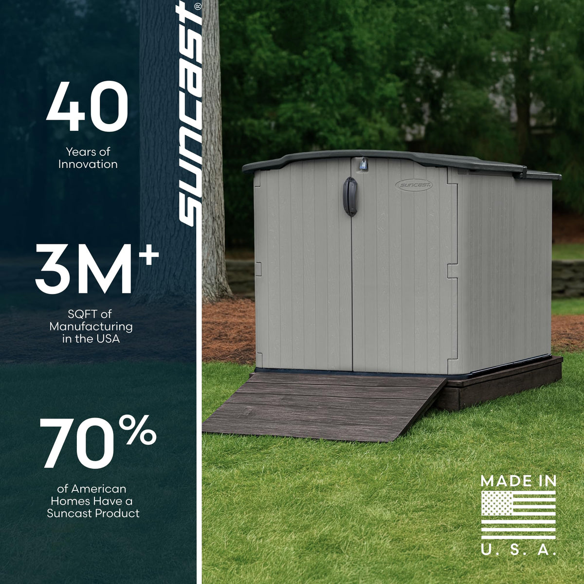 Suncast 138 Cu Ft Horizontal Outdoor Storage Shed, 57.5"x79.75"x52" Glidetop Outdoor Shed with Sliding Lid, Resin Storage Sheds with Floor for Bikes, Motorcycles, & Lawn Mower, Made in The USA