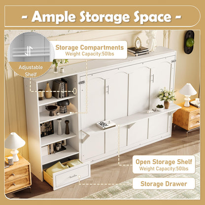 Bellemave Queen Murphy Bed with Height Adjustable Storage Compartments and Shelf, Wall Bed Frame, Murphy Cabinet with Foldable Panel, Noisy Free, for Guest Bedroom, Living Room, White