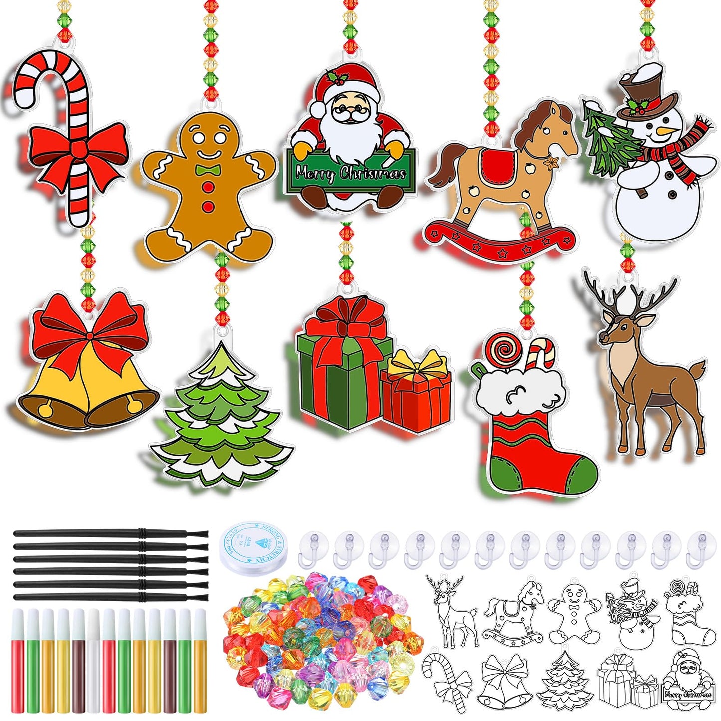Sonwyoung 30 Sets Christmas Suncatchers Ornament Craft Kits, DIY Glow in The Dark Suncatcher Kits Stained Glass Winter Xmas Window Paint Art for Party Activities Art Craft Party Favors