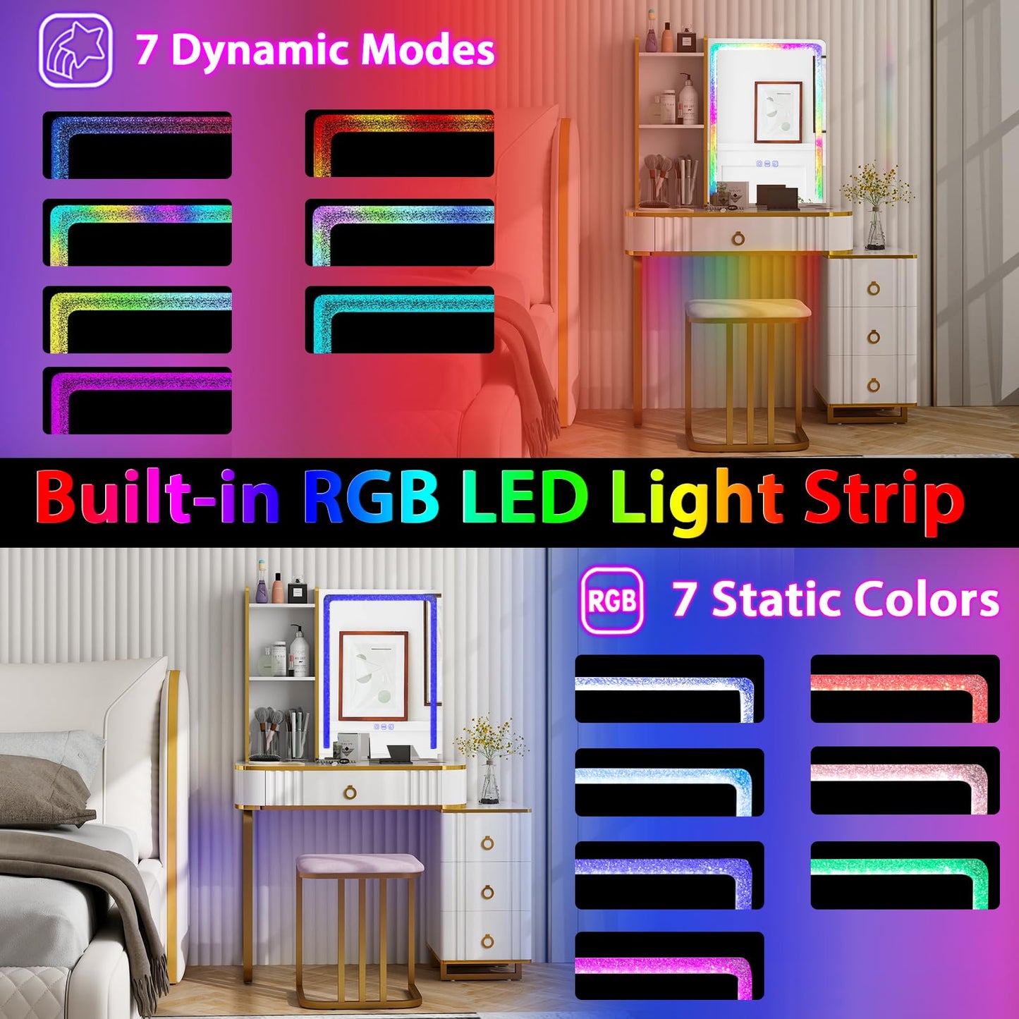CHARMAID RBG Vanity Desk with Lights and Mirror, 7 Dynamic & 7 Static Modes, White Makeup Vanity Table with 3-Drawer Chest, 3 Shelves, Jewelry Storage Drawer, Girls Dressing Table with Stool