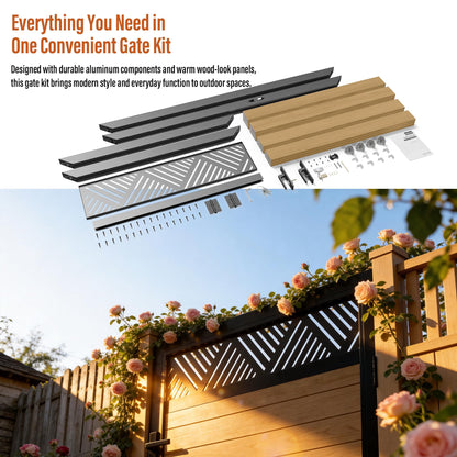 TORMIZ 4x6 FT (46.8"x70.8") All-Aluminum Fence Gate Kit with Wood-Grain Panels – Heavy Duty Anti-Sag Metal Gate Frame, Pre-Installed Left/Right Mount (All-in-One Kit, Panels Included)