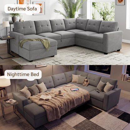 HONBAY Sectional Sleeper Sofa with Pull Out Bed, Convertible 7 Seaters U Shaped Sectional Couch for Living Room, Grey