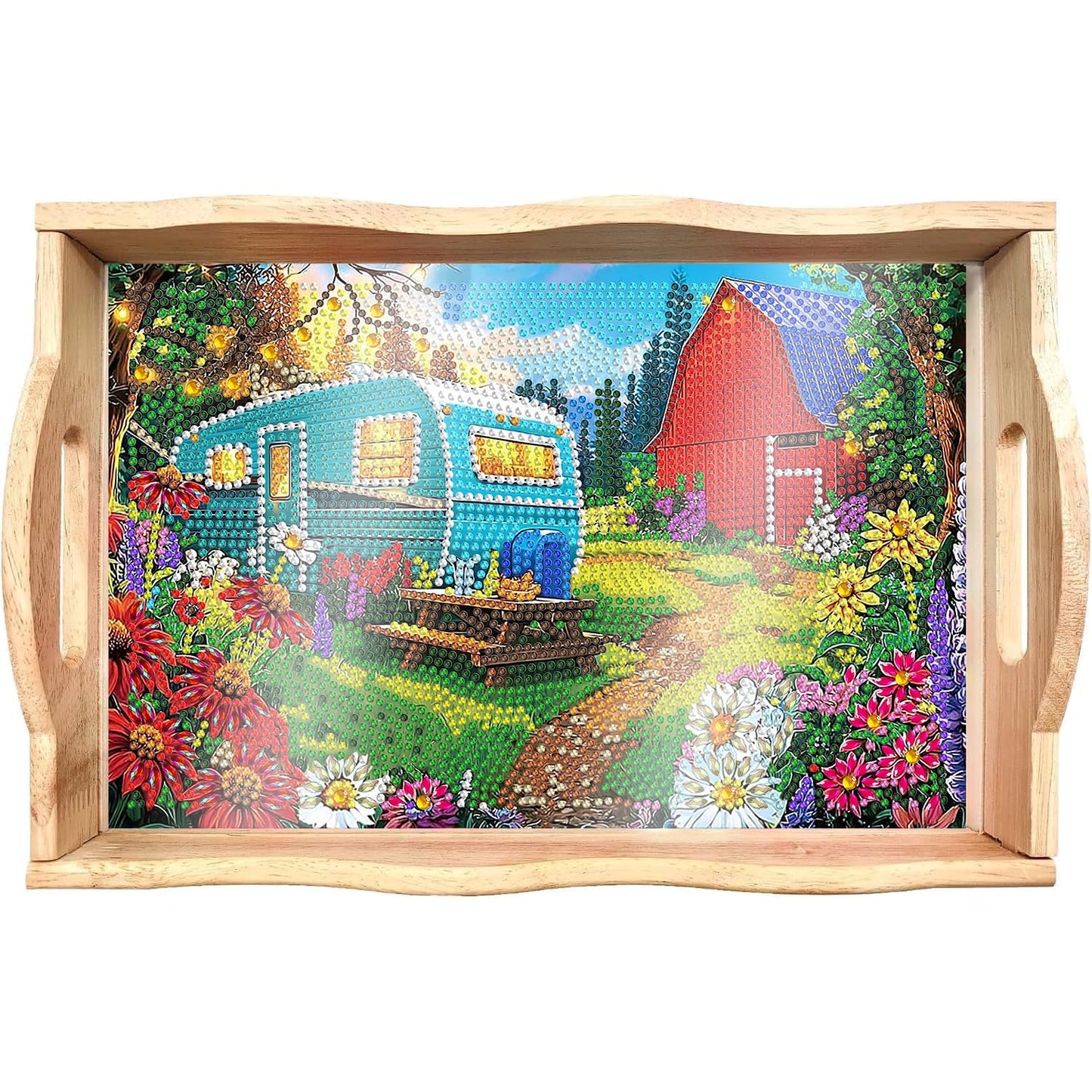DOTSOPS 5D Diamond Art Wooden Serving Tray with Handle for Adults DIY Diamond Painting Kits for Beginners Full Drill Diamond Dots Gem Arts and Crafts Special Shape 7.8x11.8 Inches Blue Car