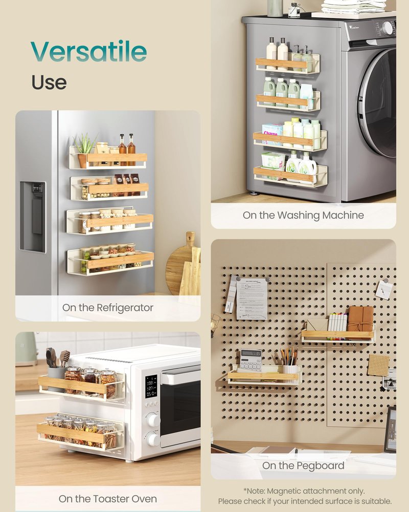 SONGMICS Magnetic Bamboo Spice Rack for Refrigerator, 4 Pack, 2 Large and 2 Small Kitchen Magnetic Shelves for Washing Machine, Spice Organizers, No Drilling Needed, Cream White UKCS062WD01