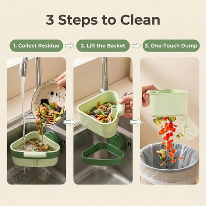 2 Pack Suction Cup Corner Sink Strainer, Press 2026 Upgraded Automatic Dumping Food Waste Catcher for Sink, Triangle Kitchen Sink Strainer Basket, Faucet Sponge Storage Rack (Green + Yellow)