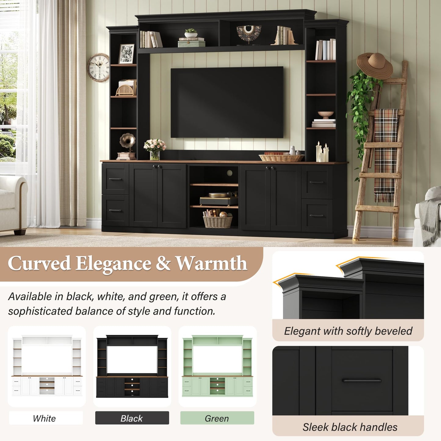 Merax 4-in-1 Wall Unit Entertainment Center with Bookshelf for TVs Up to 70", Farmhouse Large TV Stand with Walnut Adjustable Shelves, Elegant Retro Media Console with Drawers for Living Room, Black