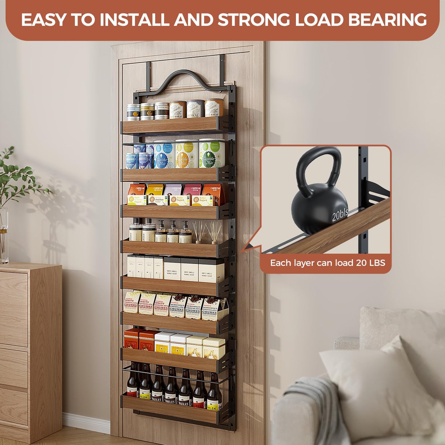 Freexployer 8-Tier Spice Rack Wall Mount, Heavy-Duty Over the Door Pantry Organizer with Wooden Adjustable Basket, 2 IN 1 Wall Mount or Hanging Pantry Door Organizer,Door Spice Rack for Pantry, Black