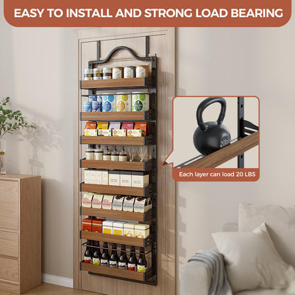 Freexployer 8-Tier Spice Rack Wall Mount, Heavy-Duty Over the Door Pantry Organizer with Wooden Adjustable Basket, 2 IN 1 Wall Mount or Hanging Pantry Door Organizer,Door Spice Rack for Pantry, Black