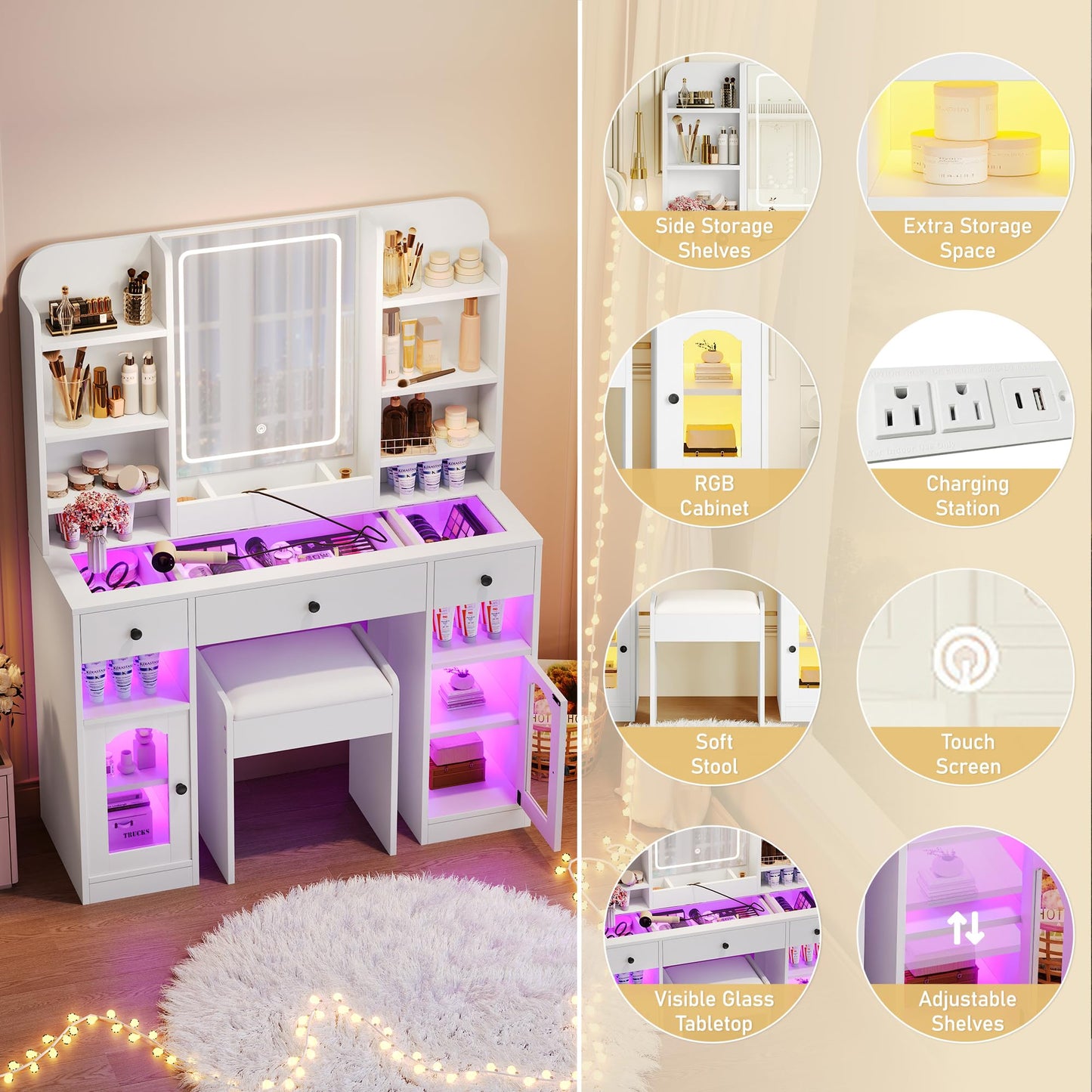 Merax 43.2" Vanity Desk with Mirror and Lights, Glass Top Vanity with RGB Glass Light Cabinets, Dressing Table with 3 Drawers, Storage Shelves and Stool
