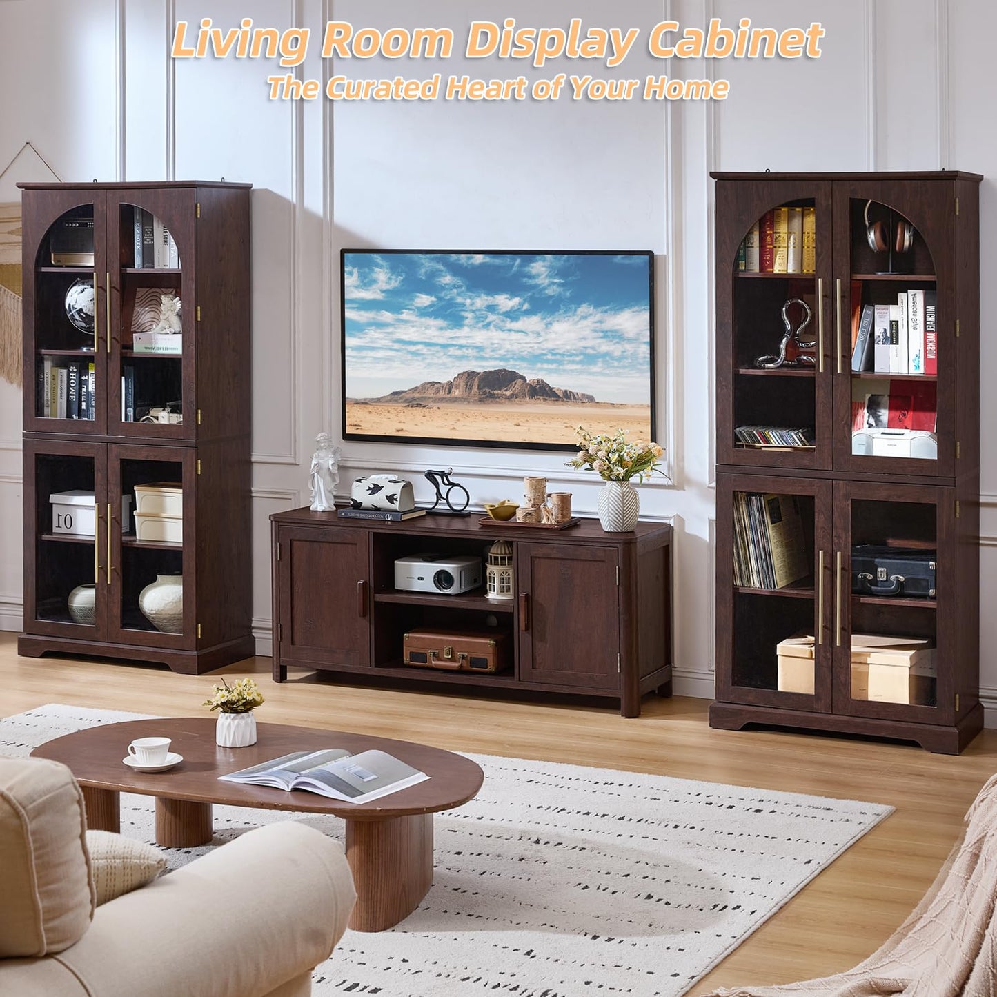 Joaxswe 72" Tall Bookshelf with 4 Curved Glass Doors, Farmhouse Bookcase with 3-Tier Adjustable Shelves, Modern Living Room Display Cabinet, Large Storage Cabinet for Home Office,Dining Room, Walnut