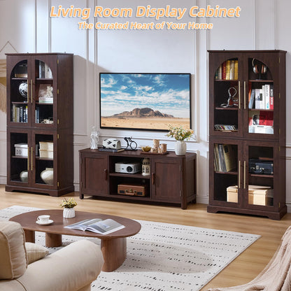 Joaxswe 72" Tall Bookshelf with 4 Curved Glass Doors, Farmhouse Bookcase with 3-Tier Adjustable Shelves, Modern Living Room Display Cabinet, Large Storage Cabinet for Home Office,Dining Room, Walnut