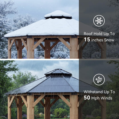 Aoxun 13' x 13' Outdoor Wood Gazebo, Hardtop Gazebo Permanent Wooden Pavilion with Galvanized Steel Double Roof, for Packyard, Garden, Deck, Cedar Wood