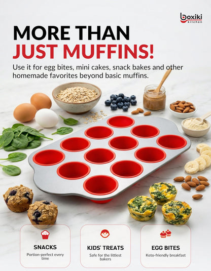 Boxiki Kitchen Non-Stick 12 Cup Silicone Muffin Pan with Steel Frame - BPA Free, Non-Toxic, Anti-Warp, Durable & Easy to Pop Silicone Muffin Tin - Perfect Cupcake Pan