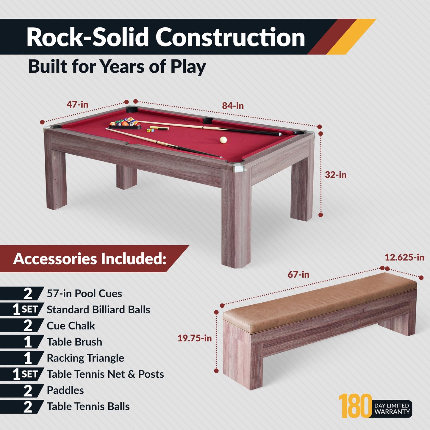 Hathaway Newport 7 Foot Dining Pool Table Combo with Game Accessories, & 2 Benches – Multifunctional Billiards Table with Ping Pong & Dining Top – Light Oak Finish, Chrome Accents, Red Felt