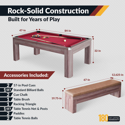 Hathaway Newport 7 Foot Dining Pool Table Combo with Game Accessories, & 2 Benches – Multifunctional Billiards Table with Ping Pong & Dining Top – Light Oak Finish, Chrome Accents, Red Felt