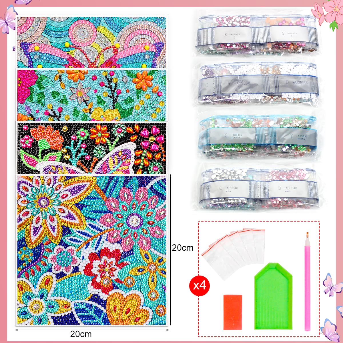 ZUYUSUT 4 Pack Cute Butterfly Flower Diamond Art Painting Kits for Kids Girls Ages 3-12 Art Crafts 5D Mosaic Gems Paint Sets by Number Kits for Kids Girls for Home Office Wall Decor