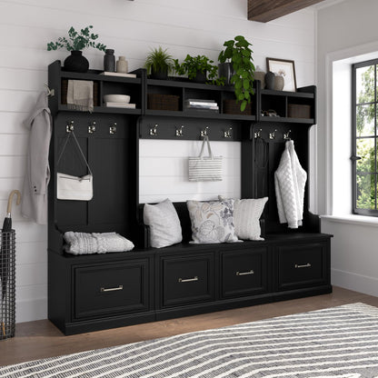 Bush Home Woodland 40W Entryway Bench with Doors and Wall Mounted Coat Rack in Black Suede Oak | Mudroom Shoe Storage, Clothing Organizer