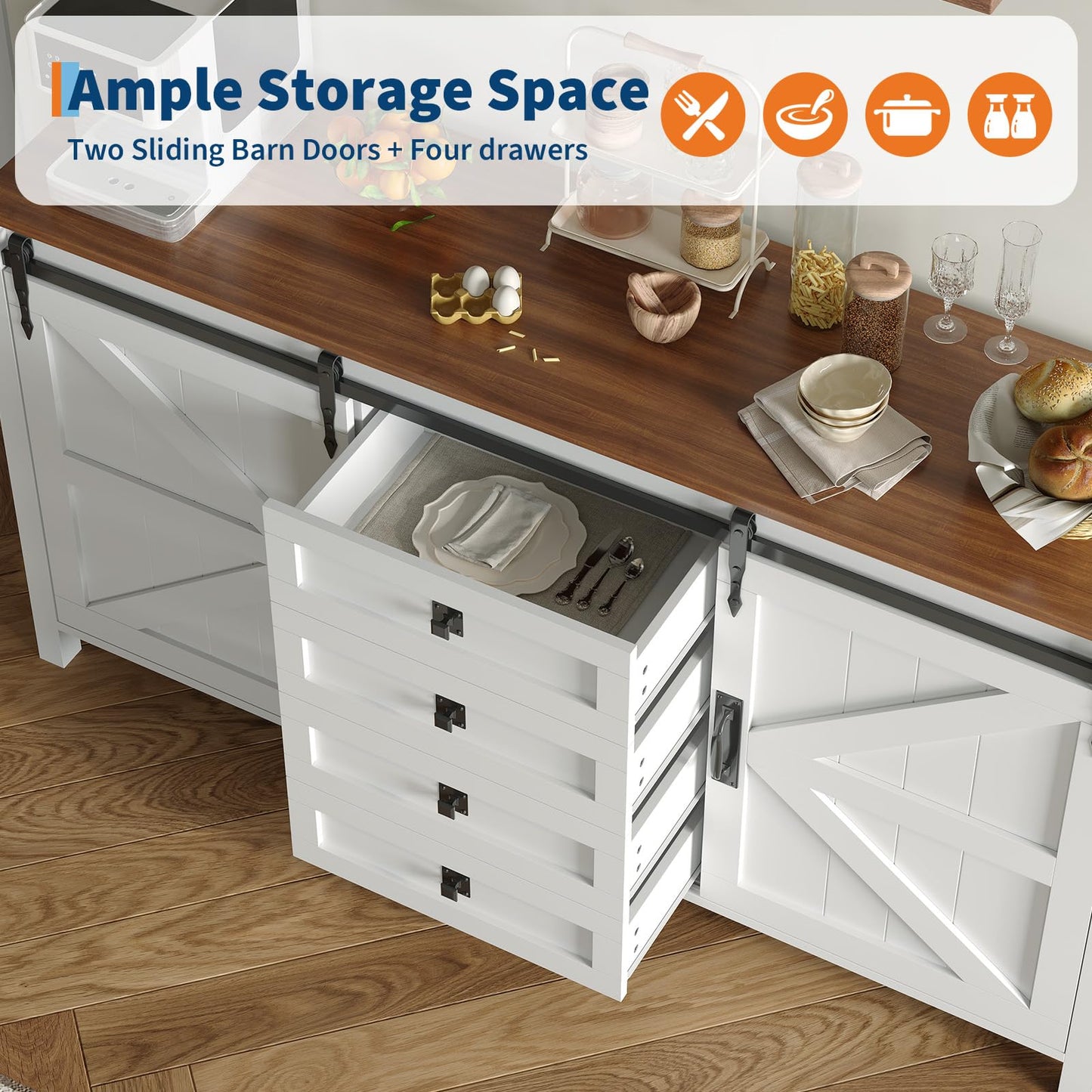 60" Farmhouse Sideboard Buffet Cabinet with Sliding Barn Doors & 4 Drawers, White Kitchen Cabinet with Storage for Dining Room, Coffee Bar, 31.5" Tall Wooden Sideboard TV Stand Console Table