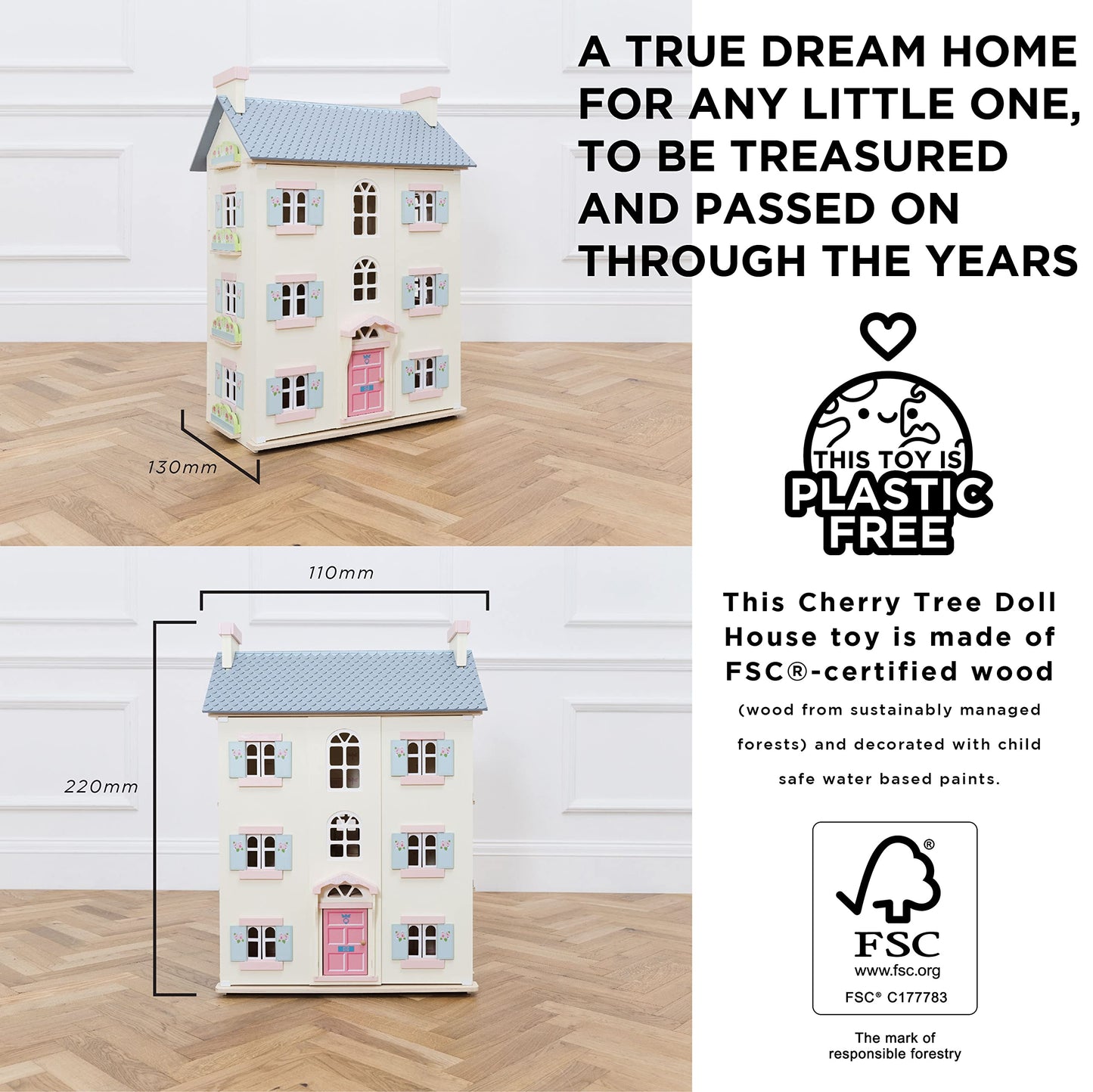 Le Toy Van - Gorgeous Cherry Tree Hall Large 4 Storey Wooden Doll House Play Set For Girls or Boys | Great As A Gift | Suitable for Ages 3+