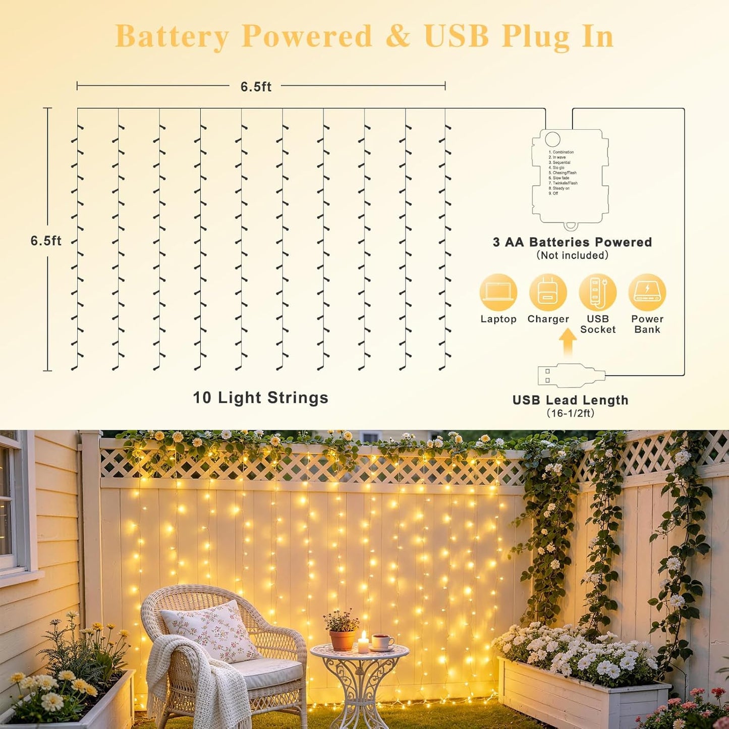 200 8 JMEXSUSS LED Curtain Lights Battery Operated & USB Plug in, Modes Warm White Curtain Hanging String Lights Indoor