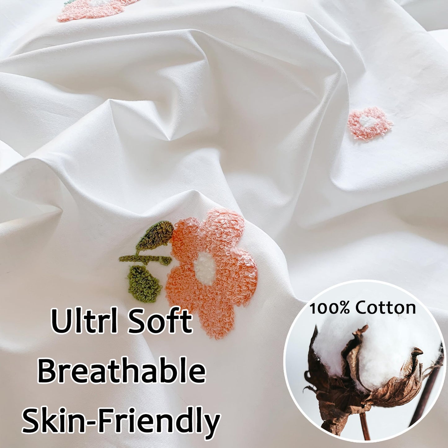 MorroMorn Cotton Duvet Cover Queen Size, 3D Embroidery Floral Bedding Sets, Fluffy Chenille Embroidered Comforter Covers Breathable for Girls Kids (Flowers White Full/Queen, Comforter Not Included)