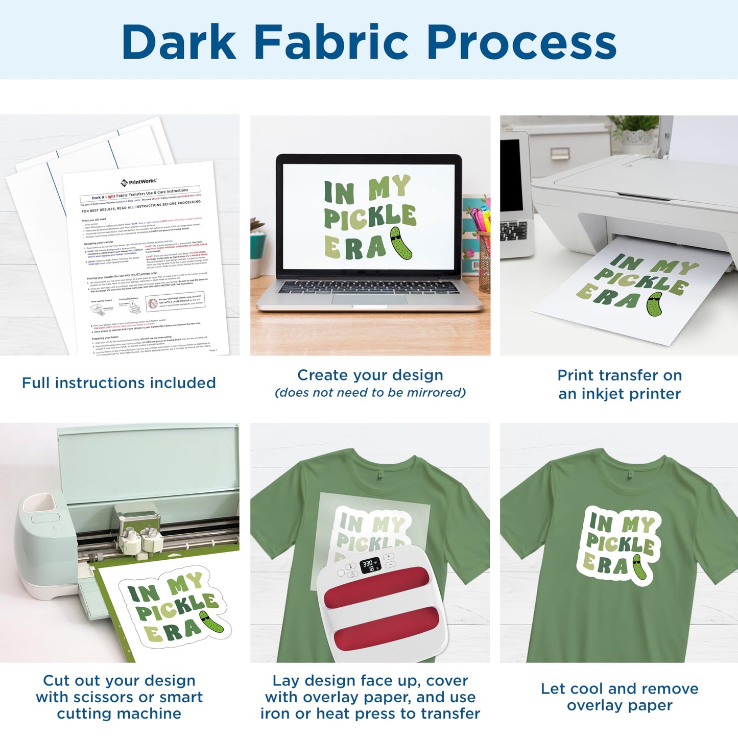 PrintWorks Iron on Heat Transfer Paper for Inkjet Printer - Printable Heat Transfer Vinyl for Dark & Light Fabrics (Printable HTV) - 8.5" x 11" - 10 Sheets - Made in The USA - Iron on Vinyl (00537)