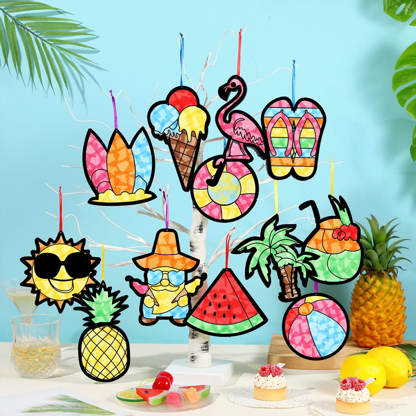 AmazingSpark 36 Pcs Summer Suncatchers Paper Craft Set, DIY Flamingo Hawaii Stained Glass Effect Tissue Paper Kits Bulk for Windows, Art Parties, Beach Decorations, Favors and Gifts