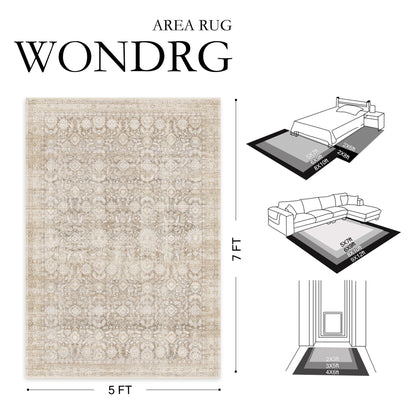 WondRg 9x12 Beige Washable Modern Area Rug Living Room Non Slip Low Pile Floral Extra Large Rug Vintage Traditional Stain Resistant Carpet Bedroom Office Indoor Playroom