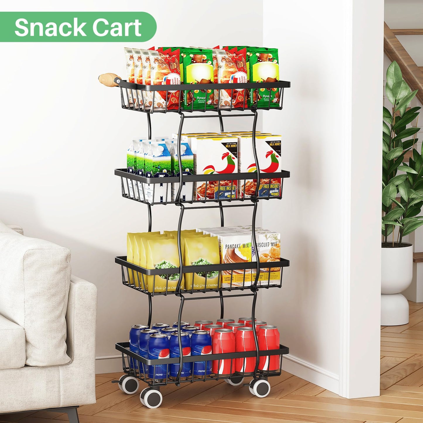 SAYZH Fruit Basket Kitchen Pantry Organizers and Storage - 4 Tier Stackable Metal Wire Basket Stand for Fruit Vegetable Snacks Jars Bins Containers Organization(Black, 4 Tiers)