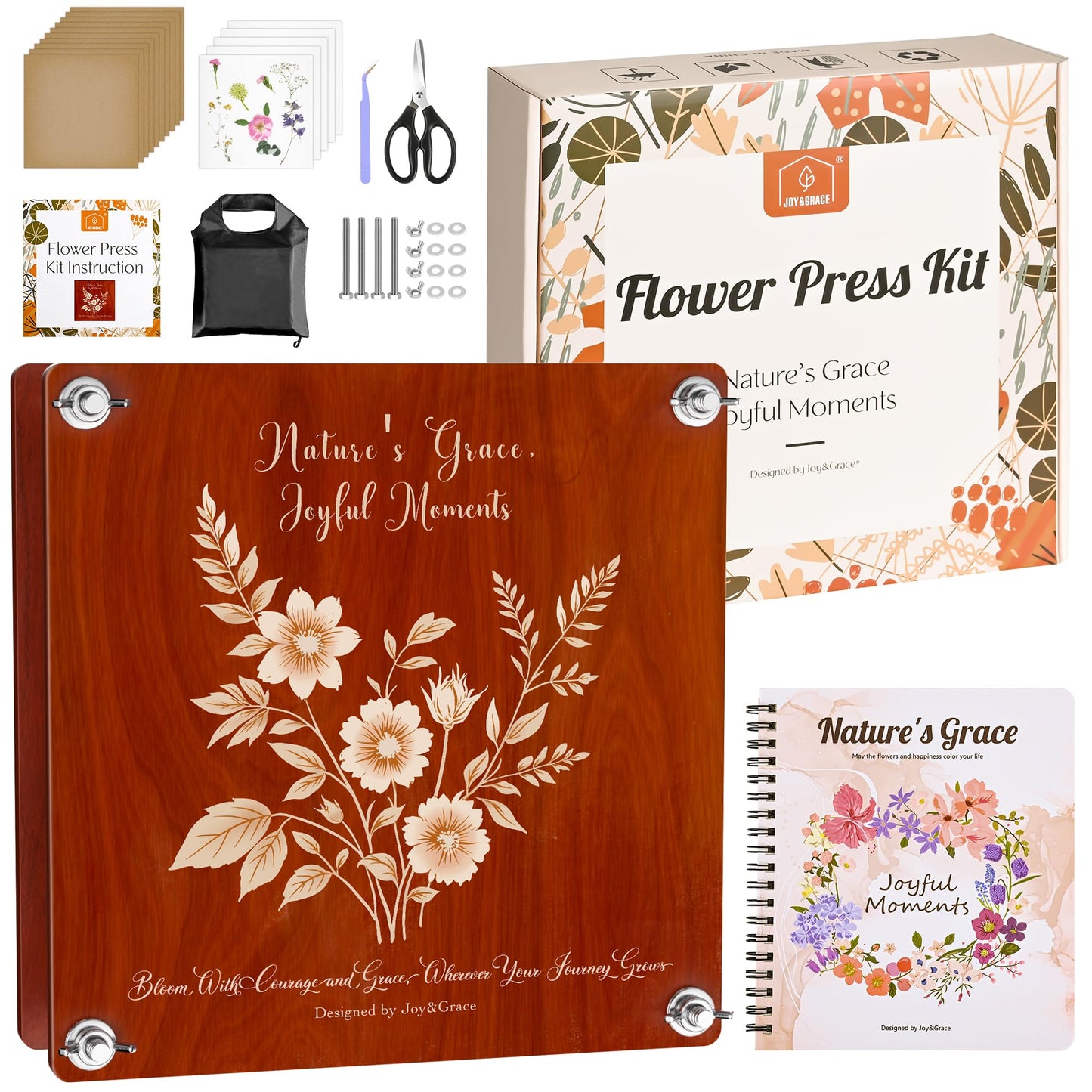 Joy&Grace Large Flower Press Kit for Adults with Designed Cover and DIY Album, 10.9" x 10.9" 10 Layers Plant Press and Plant Drying Toolkit, Flower Preservation Kit (Color Box, Mahogany Color)